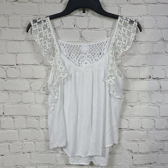 Aeropostale White Lace Flutter Sleeve Crepe Tank Tee Medium Knit Blouse Work - Picture 8 of 8